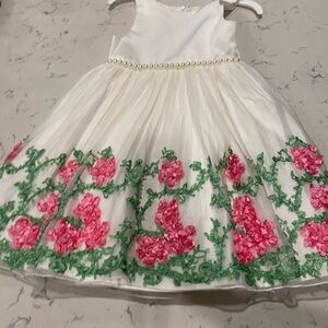 🌸 American Princess 6X/7 Girls Ivory Floral Tulle Dress w/ Pearls 3D Embroidery